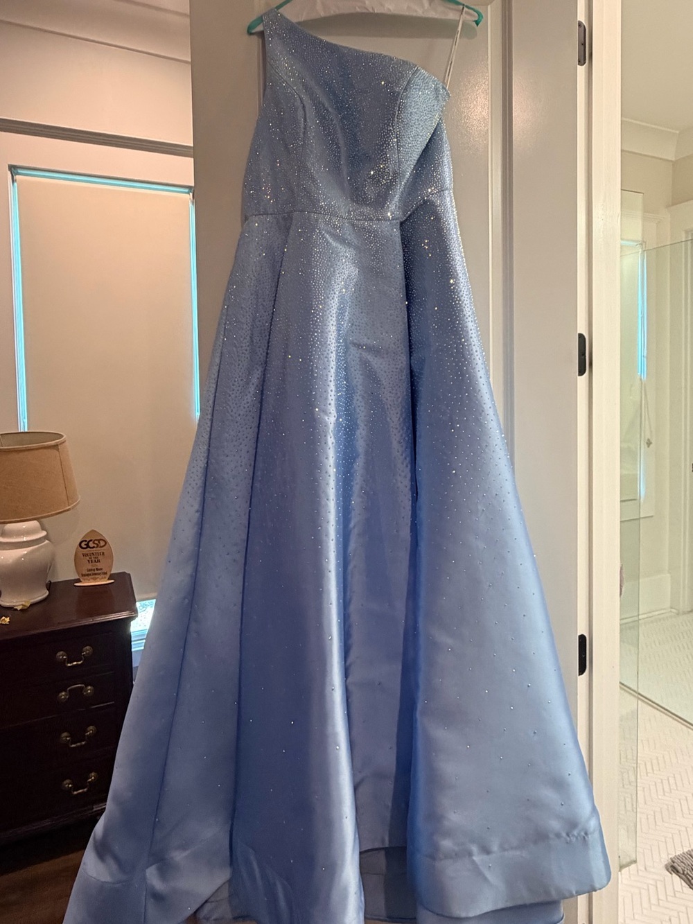 Sherri Hill Light Blue One-Shoulder Sparkle A-Line Prom Dress